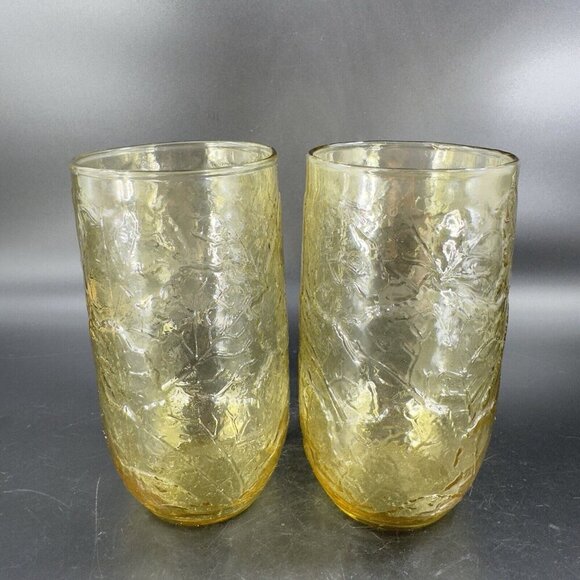 Anchor Hocking Sherwood Amber Glass Leaf Textured Glasses Vintage Glassware Set2 - Picture 10 of 12